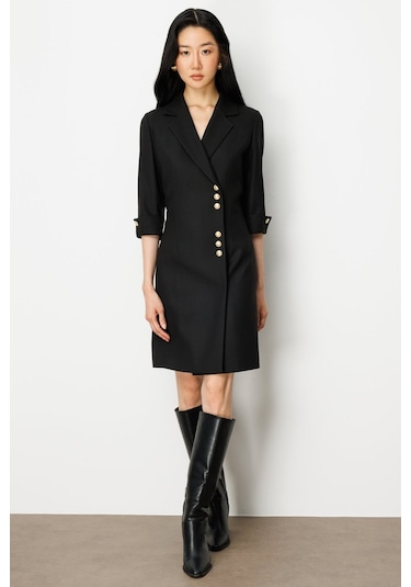 Kruvaze Yaka Düğmeli Elbise Ekol Siyah