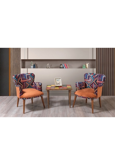 Bienvelle Turuncu Çay Seti 2 Tekli Koltuk+Sehpa (Salon, Balkon, C