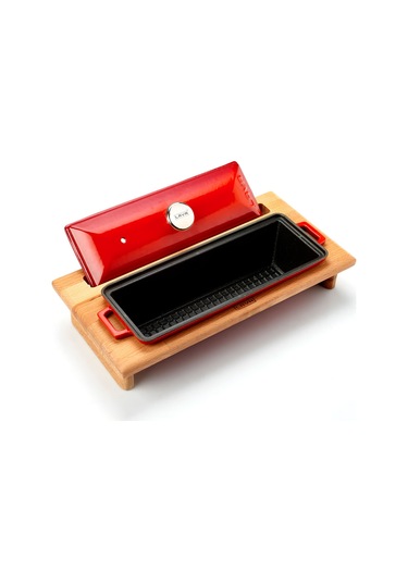 Lava Döküm Ekmek Tenceresi / Kayın Ağacı Servis Standı / Terrine Serisi. Ölçü 11x29cm. - Kırmızı