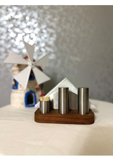 Tuzluk Karabiberlikli Peçetelikli Set 304 Kalite Ahşap Ireco Çelik