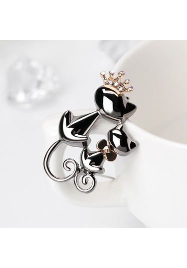 Kadın Takı Parlak Yapay Elmas Sevimli Çift Kedi Figürlü Broş Çok Renkli