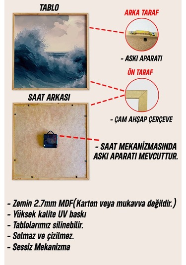 Ahşap Çerçeveli Mdf Tablo Seti Okyanus Temalı 3'lü Saatli Duvar Dekoru Renkli