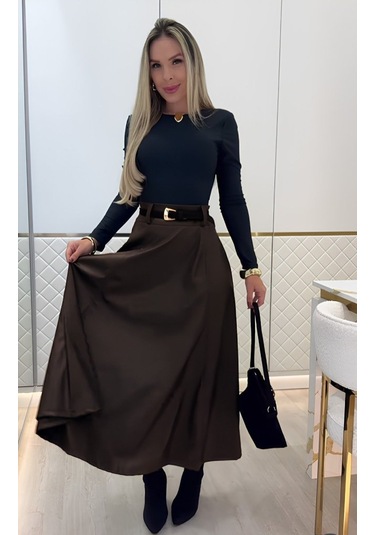 Kadın Yüksek Belli Maxi Deri Kemersiz Etek Kahve