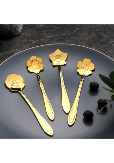Kosona Altın Renkli Çelik Çiçek Desenli Kahve Kaşığı - Ev Kullanıma Uygun, Dayanıklı Ve Şık Hediyelik Spoon Diğer