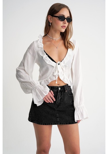 4712 Kadın Volanlı Modal Bolero Bluz Beyaz Beyaz