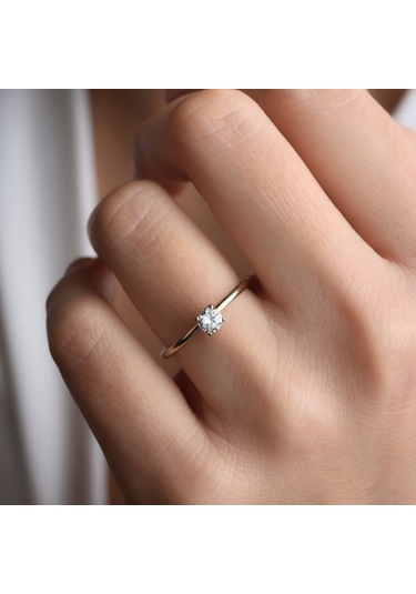 14 Ayar Altın Kaplama Yuvarlak Kesim Tektaş Gümüş Yüzük - Rs00104 Altın