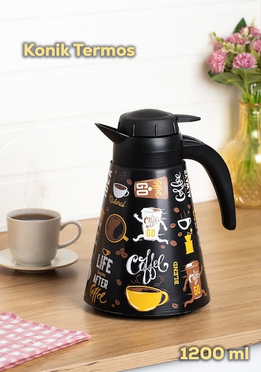 Porsima 161704-006 Desenli 1,2l Konik Termos Sıcak Ve Soğuk İçecek Saklama Termosu Siyah