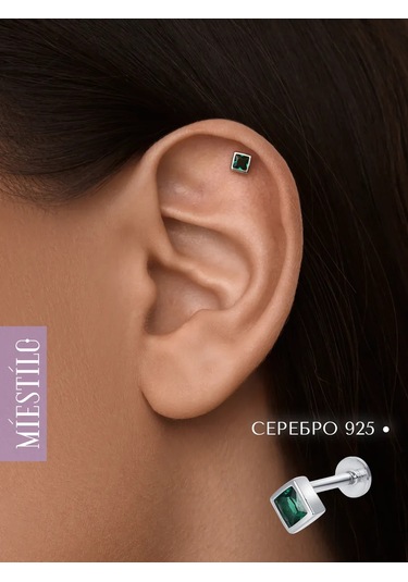 Miestilo 925 Ayar Gümüş Helix Küpe Piercingi, Yeşil Taşlı 314377035 Gümüş