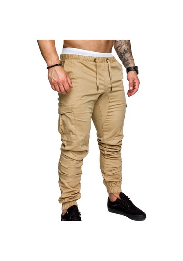 Erkek İlkbahar Ve Sonbahar Uzun Pantolon Moda Günlük İpli Elastik Pantolon Düz Renk Cepli Pantolon Haki