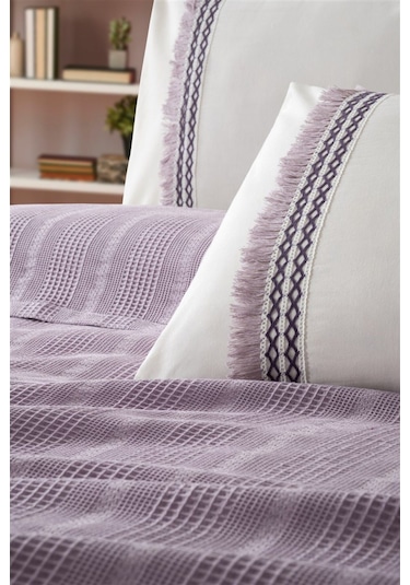 Tivoli Çift Kişilik Dantelli 4 Parça Pike Takımı Çeyizlik-melanie-kapuçino Lıla Lila