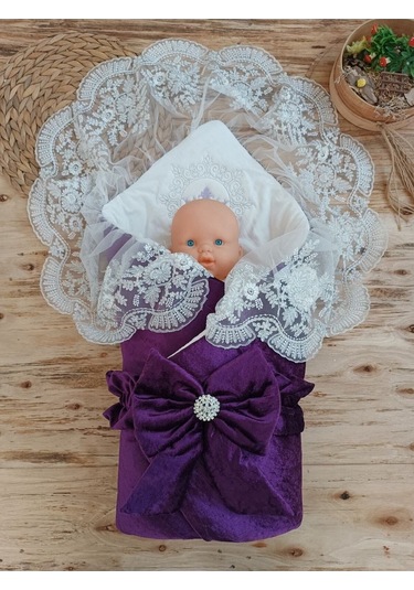 Kadife Kız Bebek Battaniyesi Dantelli Kundak Hastane Çıkışı Yenidoğan %100 Doğal Pamuktan Hediyelik Mor