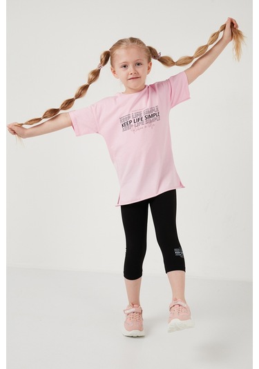 Lela Pamuklu Bisiklet Yaka Kısa Kollu Taytlı Alt-Üst Kız Çocuk Takım 6212007 Pembe