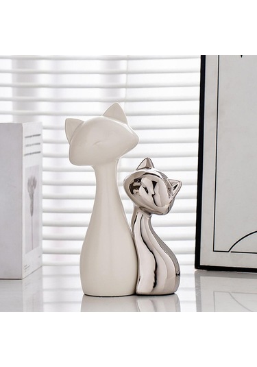 Homyl Şömine Masası Ofisi Için 2 Parça Kedi Heykeli Seramik Küçük