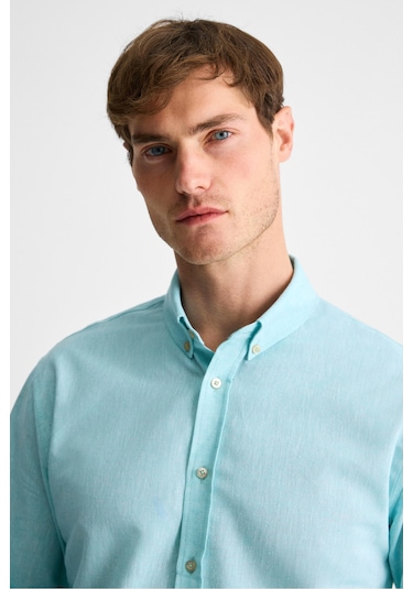Lasse Erkek Gömlek Yaka Manşetli Uzun Kollu Regular Fit Keten Karışımlı Mint Yeşil Gömlek