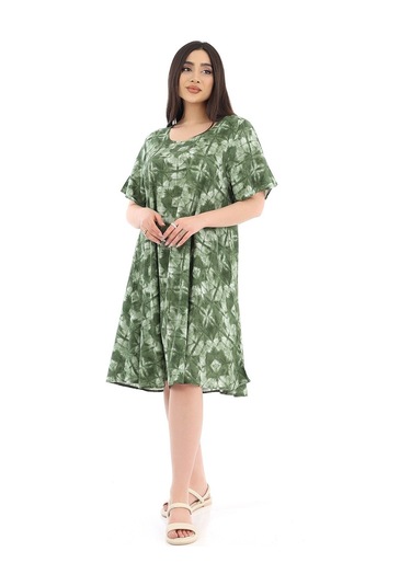 Schık Kadın Viskon Yarım Kol Kare Yaka Elbise Haki Haki