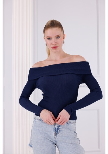Madonna Yaka Uzun Kollu Fitilli Kadın Bluz Lacivert