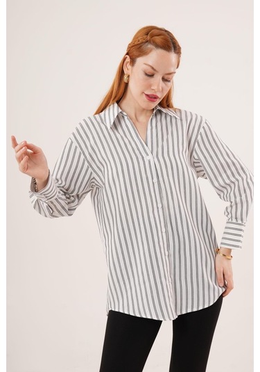 Çift Çizgi Geçişli Düğmeli Gri Gömlek Karışık Çok Renkli