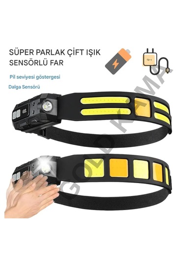 Lumed Ultra-parlak Led + Cob Şarj Edilebilir Kafa Feneri Hareket Sens Siyah