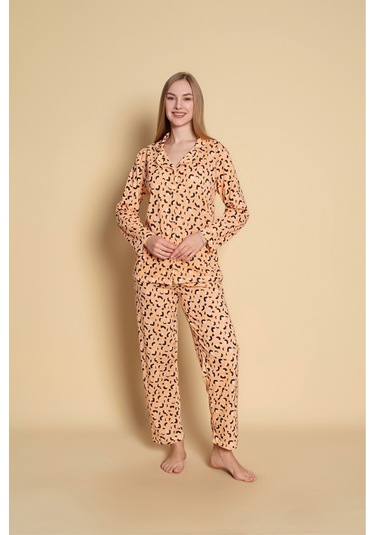 Kadın Gömlek Leopar Desen Uzun Kol Pijama Takımı Turuncu