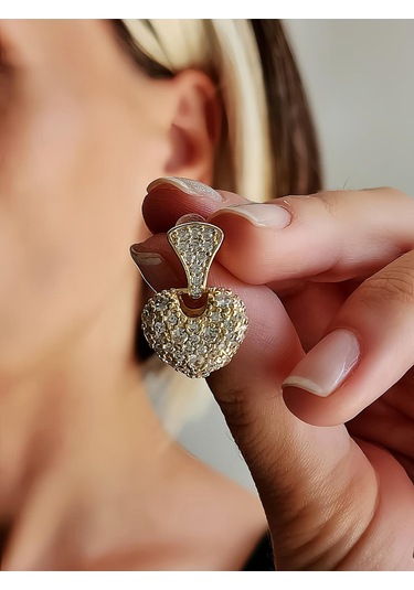 Bombeli Kalp Model Zirkon Taşlı Altın Kaplama Gold Küpe Gold