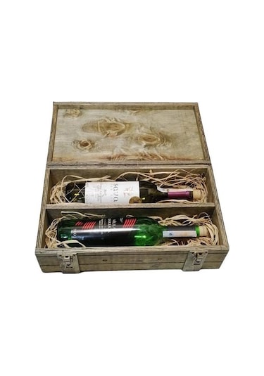Şarap Şisesi Kutusu 2'li Ahşap El Yapımı Doğal Ahşap Hediyelik