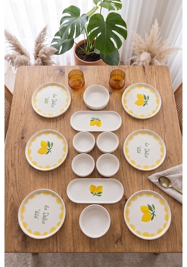 Vita Lemony 14 Parça 6 Kişilik Stackable Seramik Tabak Seti Premium Sunum & Kahvaltı Takımı Beyaz