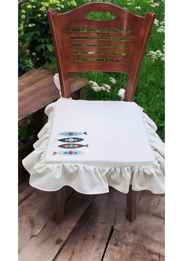 El Yapımı Buldan Yıkanmıs Keten Balık Nakıslı Fırfırlı Sandalye Minderi Naturel