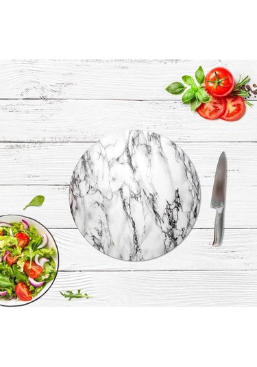 Beyaz Mermer Cam Kesme Tahtası - Sunum Tabağı Çap 20