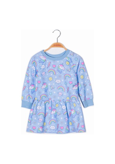 Zeyland Kız Çocuk Unicorn Baskılı Uzun Kollu Örme Elbise Mavi