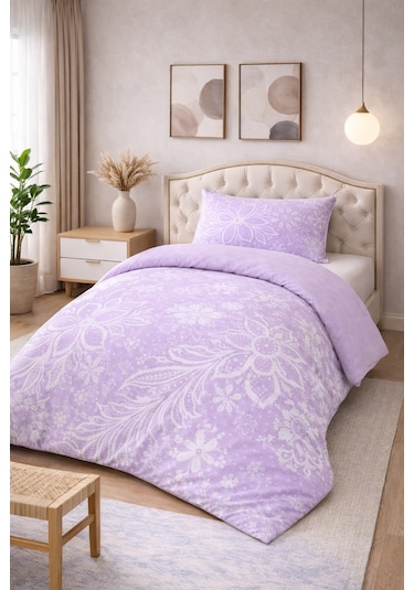 Soft Dream Desenli Pamuklu Tek Kişilik Nevresim Takımı Mor
