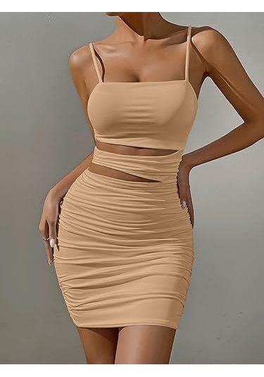 Bej Tasarım Bel Dekolteli Askılı Mini Elbise Bej