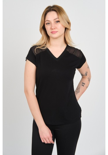 Sistas Kadın V Yaka Omuz Ve Sırt Tül Detaylı Kısa Kol Bluz 4148 Siyah Siyah
