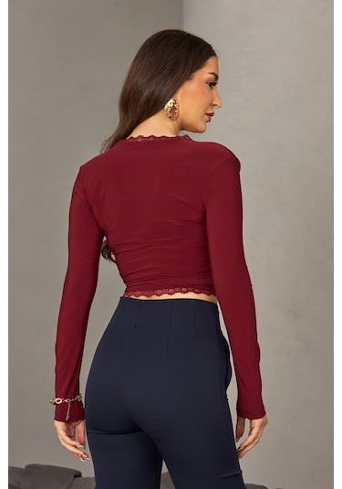 Kadın Dantel Detaylı Kruvaze Bağlamalı Crop Bluz Bordo