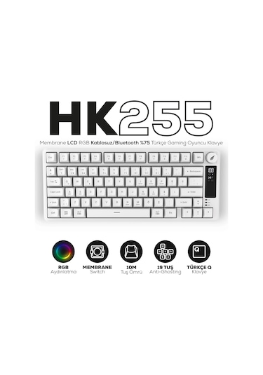 Hk255 Membrane Lcd Rgb Kablosuz/bluetooth Beyaz %75 Türkçe Gaming Oyuncu Klavye