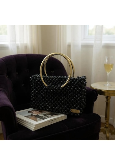 Plentiful İnci Boncuk Çanta, Abiye , Gece , Düğün, Gelin,nişan Çantası Siyah