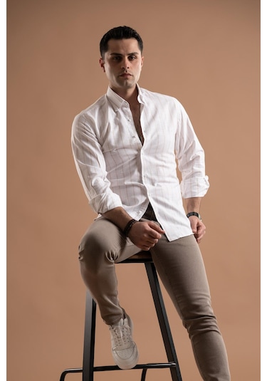 Evrytime Slimfit Pamuklu Çizgili Yaka Düğmeli Uzun Kol Erkek Yazlık Gömlek 001