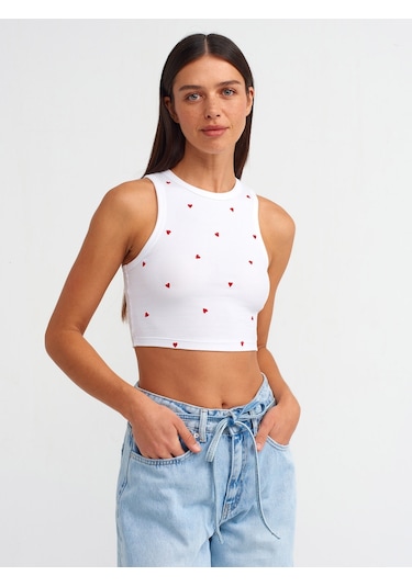Dilvin Kalp Nakışlı Crop Top 101a20819 Beyaz
