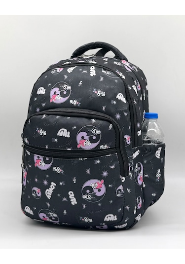 Sevimli Karakter Desenli Beslenmeli İlkokul Çanta Seti Siyah