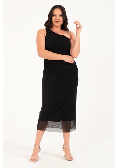 Astarlı Metalik Toka Detay Tül Elbise-1746-siyah Siyah