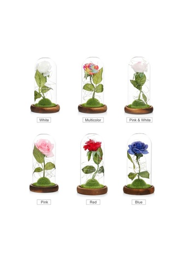 Ulzyvf Led Işıklı Ahşap Tablalı Dekoratif Cam Kubbeli Suni Gül - Romantik Hediye