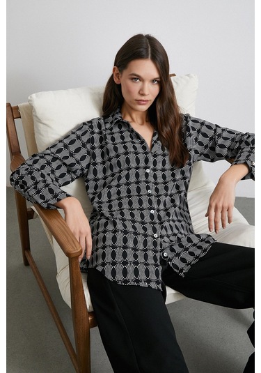 Geometrik Desenli Gömlek Siyah Siyah