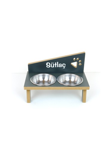 Realwood Ahşap Çelik Kaseli Özel İsim Baskılı Kedi Köpek Mama Su Kabı 450 ML