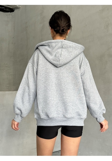 Kadın Fermuarlı Oversize Sweat Hırka Gri