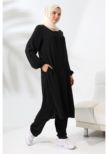 Kadın Medine İpeği Hac Umre Kıyafeti Tesettür İkili Takım - Siyah Siyah
