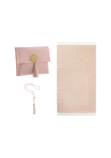 Şantuk Keseli Tafta Seccade Ve İnci Vavlı Tesbih Set , Taşınabilir Namaz Seti, Pudra