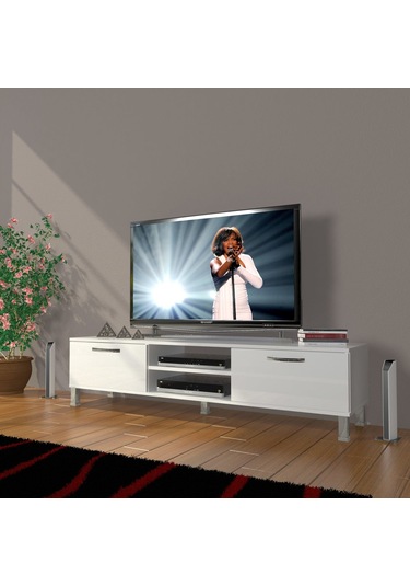 Decoraktiv Eko 140 Slm Dvd Krom Ayaklı Tv Ünitesi Tv Sehpası - Parlak Beyaz Parlak Beyaz