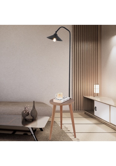 Clifferd Siyah Başlıklı Ahşap Sehpalı Modern Ayaklı Abajur Lamba Ahşap Lambader