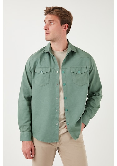Buratti Pamuklu Regular Fit Çift Cepli Erkek Gömlek Cf24W116927 Haki