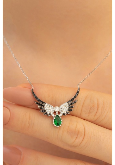 Vog Zirkon Ve Sentetik Zümrüt Taşlı Melek Kanadı 925 Ayar Gümüş Sevgiliye,eşe,anneye Hediye Kolye