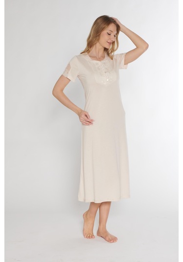 Klasik Dantel Detaylı Kısa Kollu Şık Zarif Gecelik Flz 38-30 Bej
